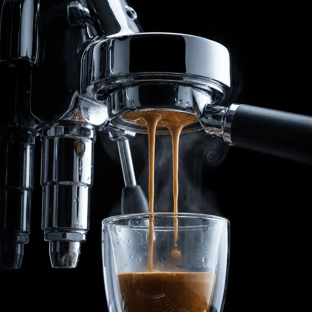 Espresso group head pulling a shot