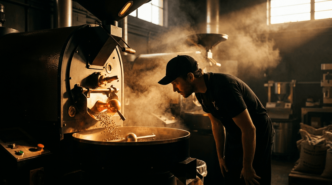 A roaster watching the drum inside the Dimitri's roastery